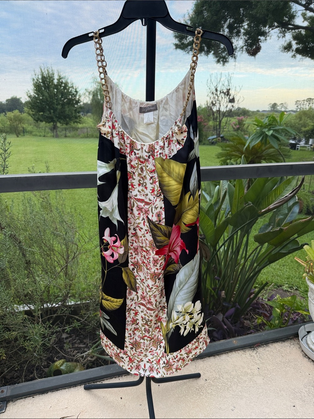 Tommy Bahama silk Black Floral Midi Dress with Cream Panel and Gold Chain Straps